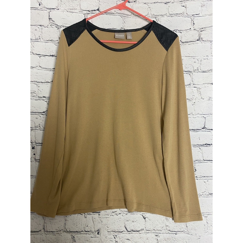 Chico's Size 1 Beige/Tan Faux Black Leather Shoulder Womens Long Sleeve Top